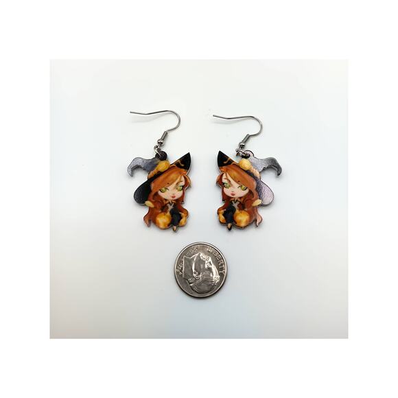 Halloween Witch Earrings – Cute Dangle Design, Fun Costume or Fall Jewelry - Picture 2 of 2